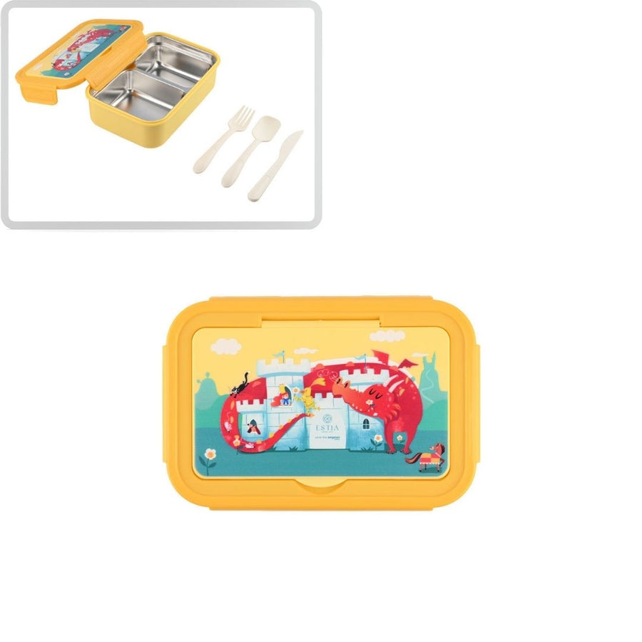 Τάπερ Estia Παιδικό Ανοξείδωτο 2 Θήκες Κουτάλι Πιρούνι Μαχαίρι 900ml Κίτρινο Fortress Dragon