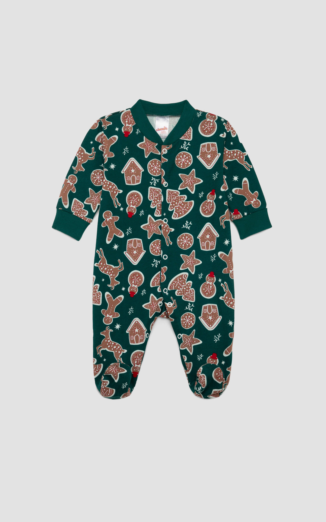 Βρεφικό φορμάκι σε πράσινο χρώμα με χριστουγεννιάτικο μοτίβο gingerbread και κουμπιά, σε λευκό φόντο.