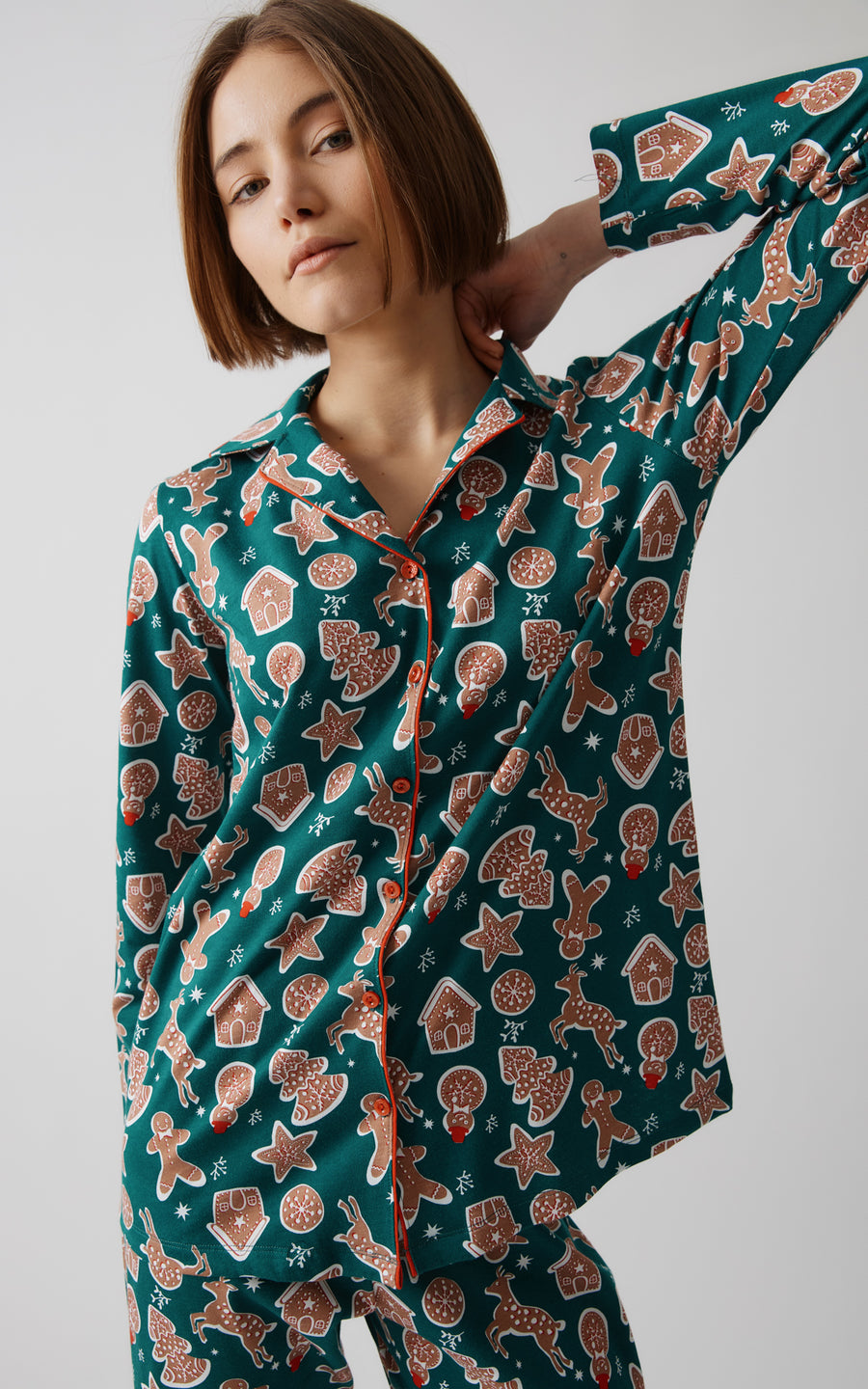 Χριστουγεννιάτικη Πιτζάμα Πράσινη Βαμβακερή Κουμπωτή Minerva X-Mas Biscuits