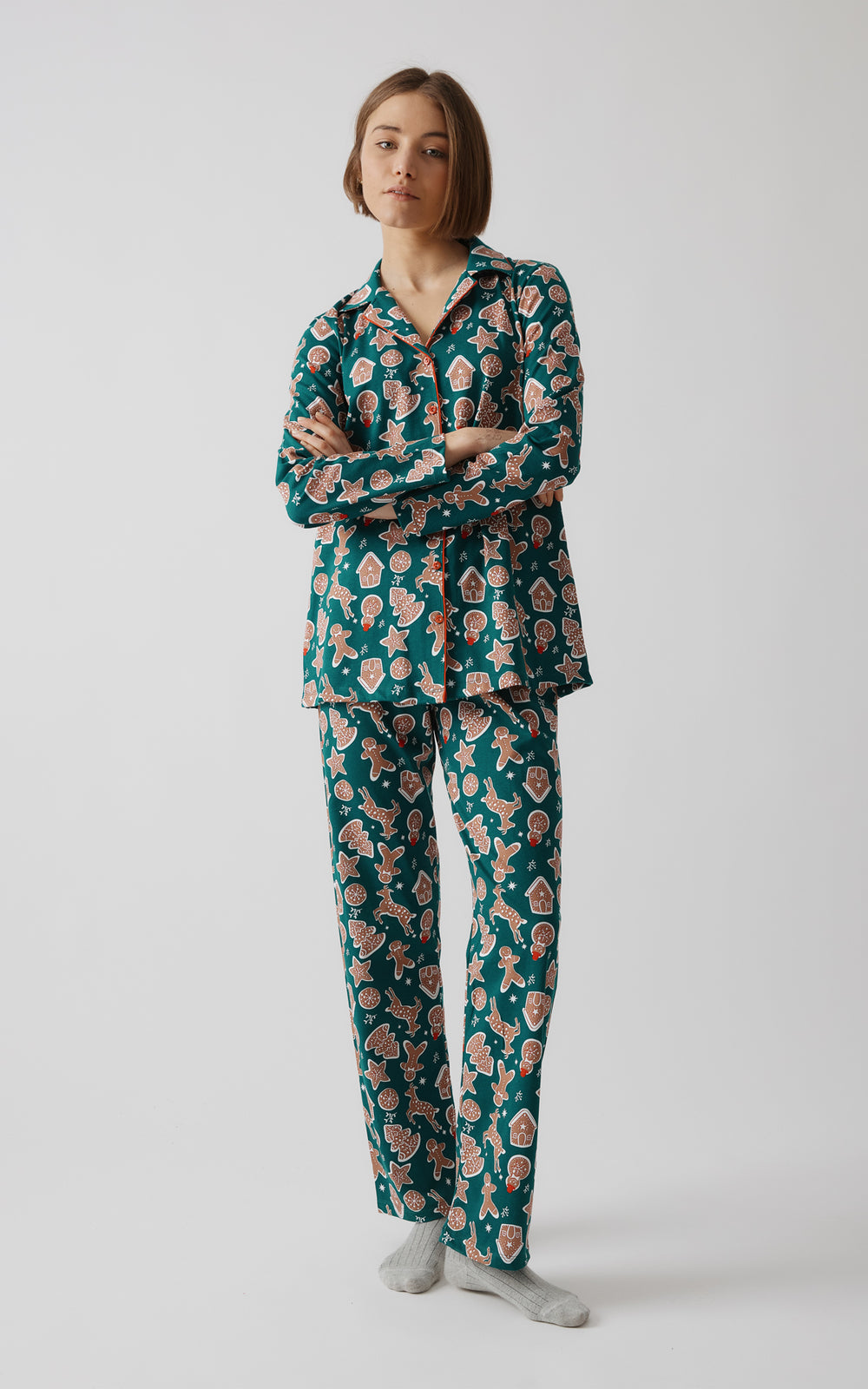 Χριστουγεννιάτικη Πιτζάμα Πράσινη Βαμβακερή Κουμπωτή Minerva X-Mas Biscuits
