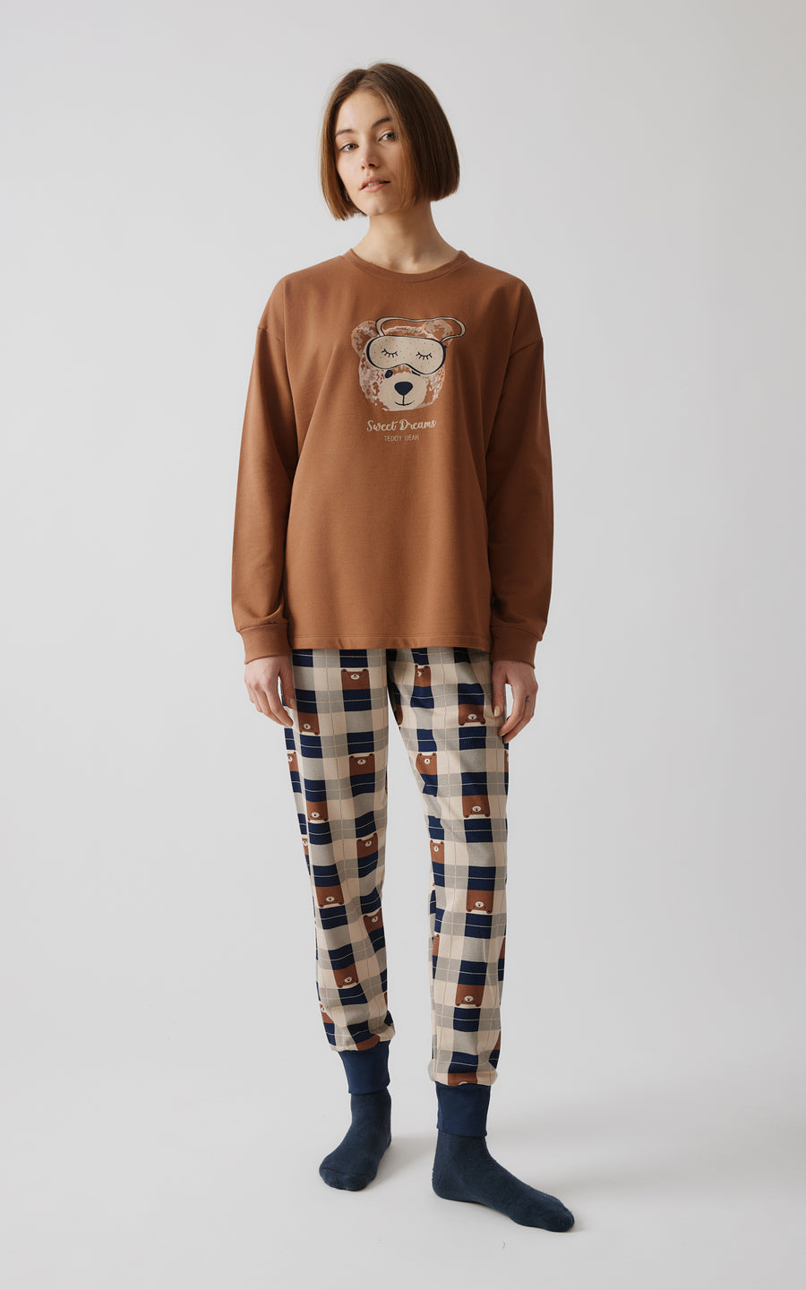 Γυναικεία Πιτζάμα Καφέ-Ταμπά με Καρό Παντελόνι Βαμβακερή Minerva Bear Sweat