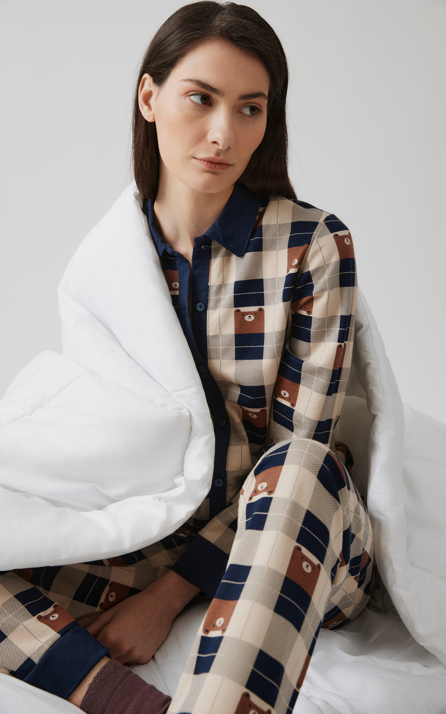 Γυναικεία Πιτζάμα Μπεζ-Μπλε Καρό Βαμβακερή Κουμπωτή Minerva Sweat Bear