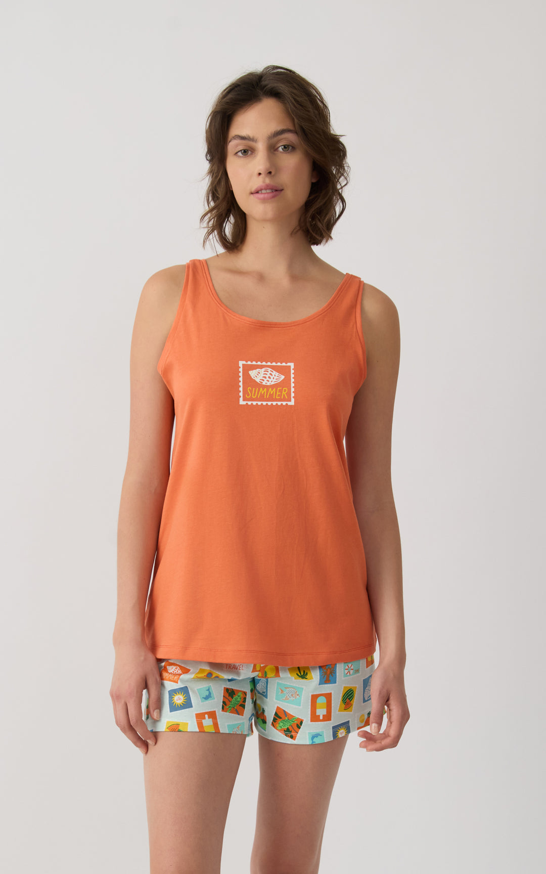 Γυναικεία Πιτζάμα Βαμβακερή Με Αμάνικη Πορτοκαλί Μπλούζα & Εμπριμέ Σορτς με Καλοκαιρινά Σχέδια Minerva