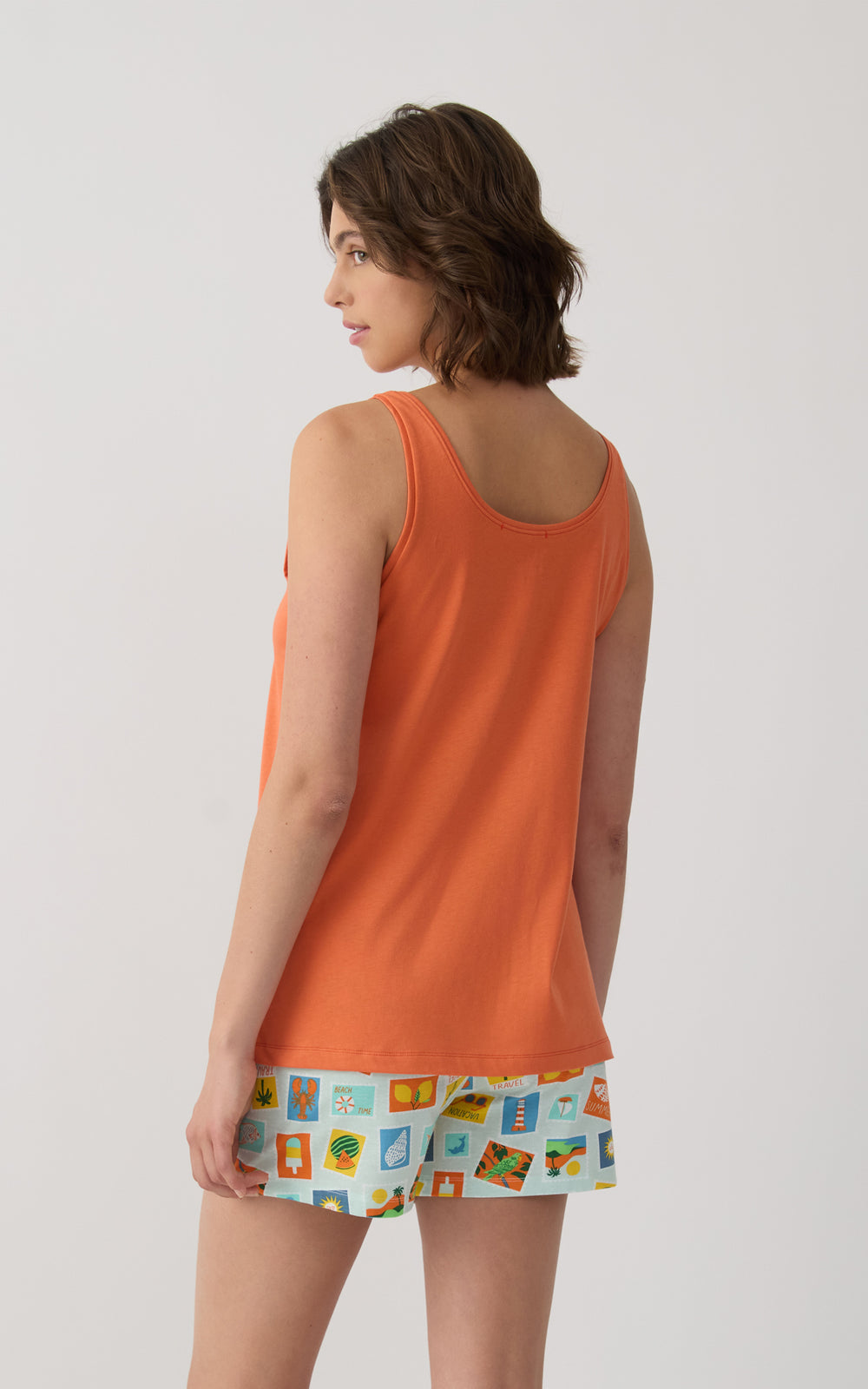 Γυναικεία Πιτζάμα Βαμβακερή Με Αμάνικη Πορτοκαλί Μπλούζα & Εμπριμέ Σορτς με Καλοκαιρινά Σχέδια Minerva