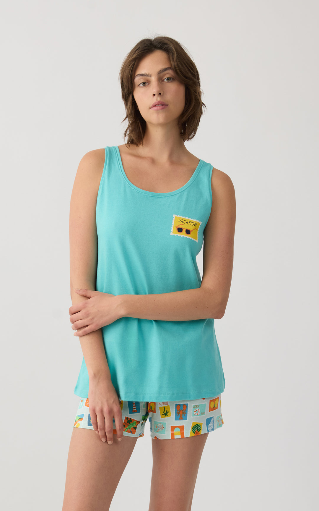 Γυναικεία Πιτζάμα Βαμβακερή Με Αμάνικη Τιρκουάζ Μπλούζα & Εμπριμέ Σορτς με Καλοκαιρινά Σχέδια Minerva