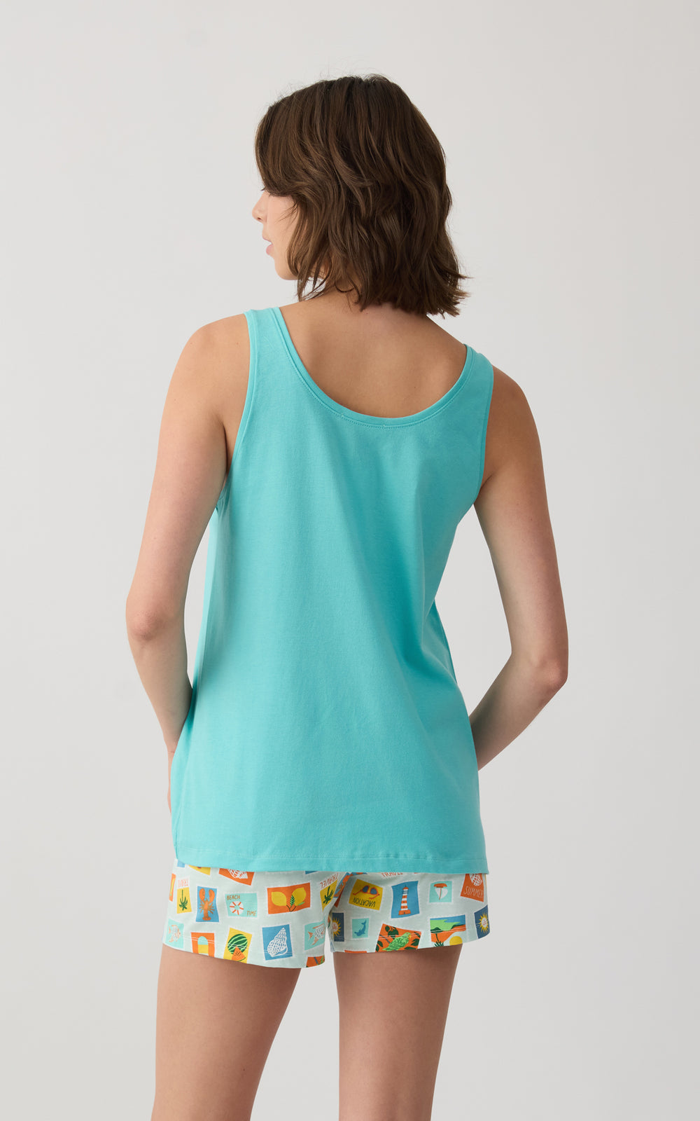 Γυναικεία Πιτζάμα Βαμβακερή Με Αμάνικη Τιρκουάζ Μπλούζα & Εμπριμέ Σορτς με Καλοκαιρινά Σχέδια Minerva