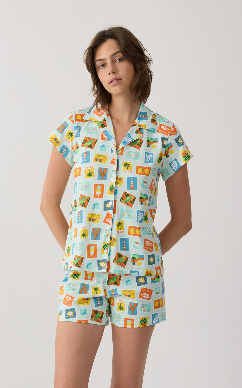 Γυναικεία Πιτζάμα Κουμπωτή Κοντομάνικη Εμπριμέ Με Σχέδιο Καλοκαιρινές Card-Postal Minerva