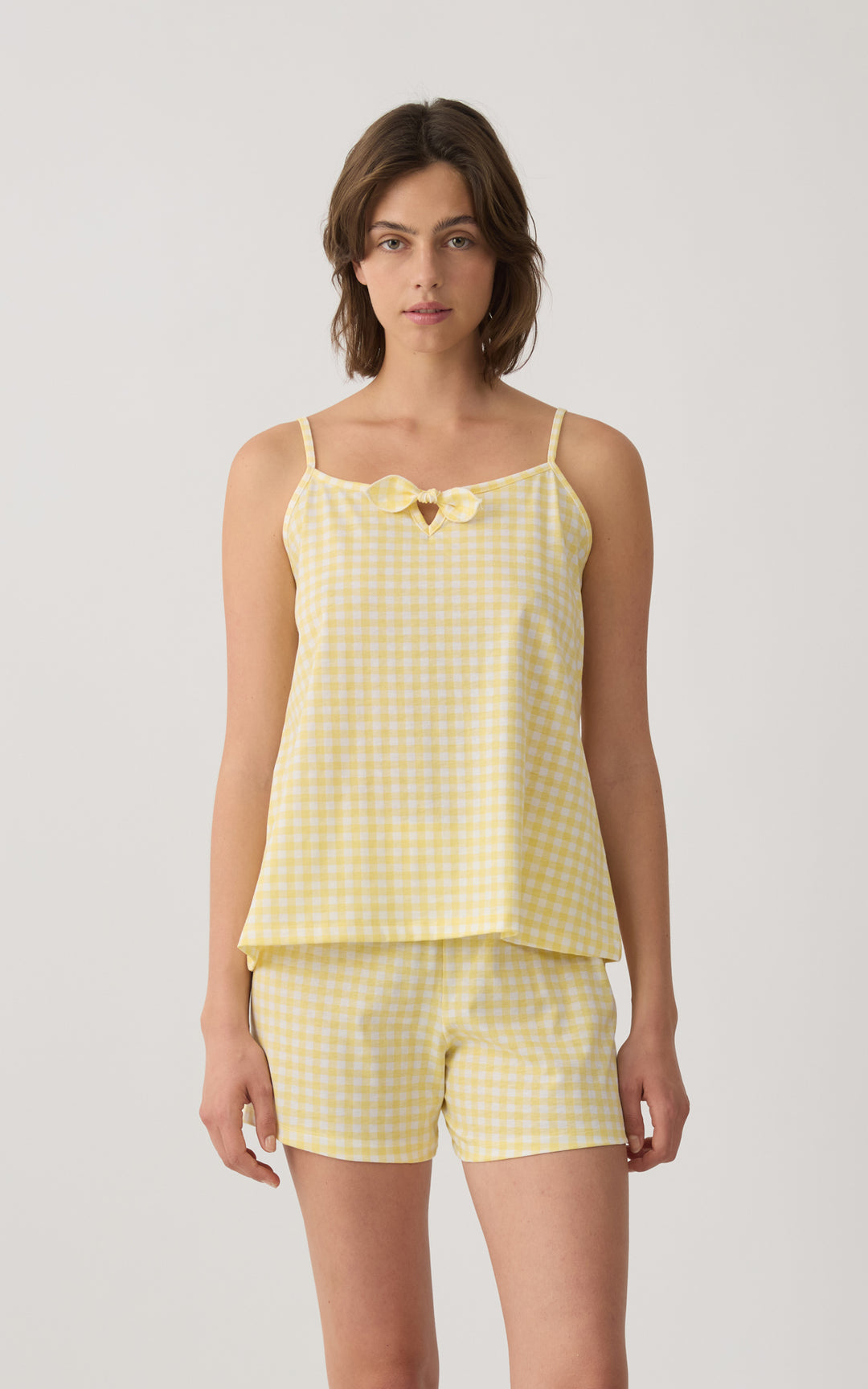 Γυναικεία Πιτζάμα Βαμβακερή Με Καρό Σχέδιο Κίτρινο-Λευκό Αμάνικη Με Σορτς Minerva