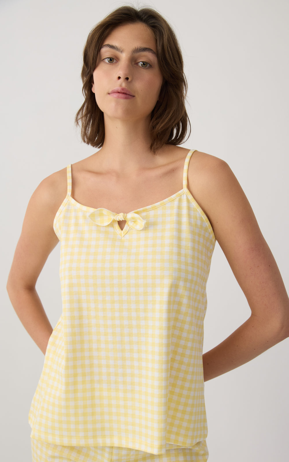 Γυναικεία Πιτζάμα Βαμβακερή Με Καρό Σχέδιο Κίτρινο-Λευκό Αμάνικη Με Σορτς Minerva