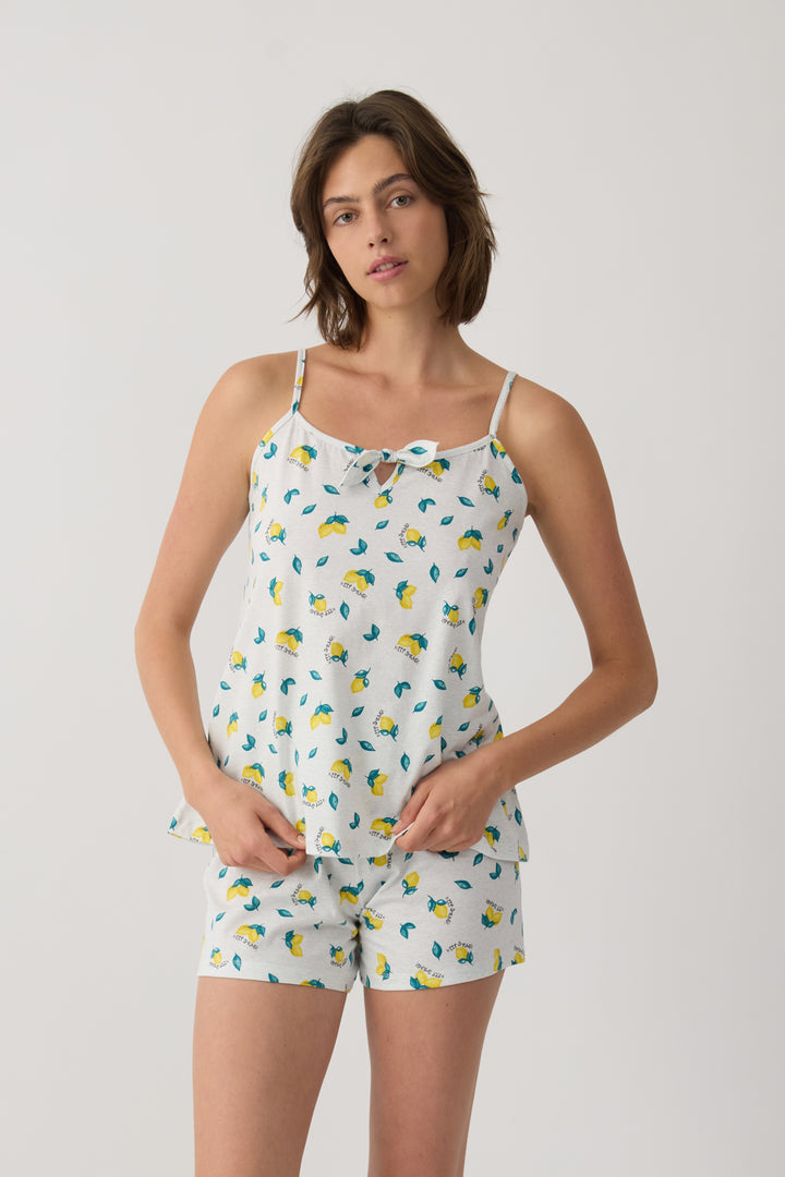 Γυναικεία Πιτζάμα Βαμβακερή Με Σχέδιο Λεμονάκια Αμάνικη Με Σορτς Minerva