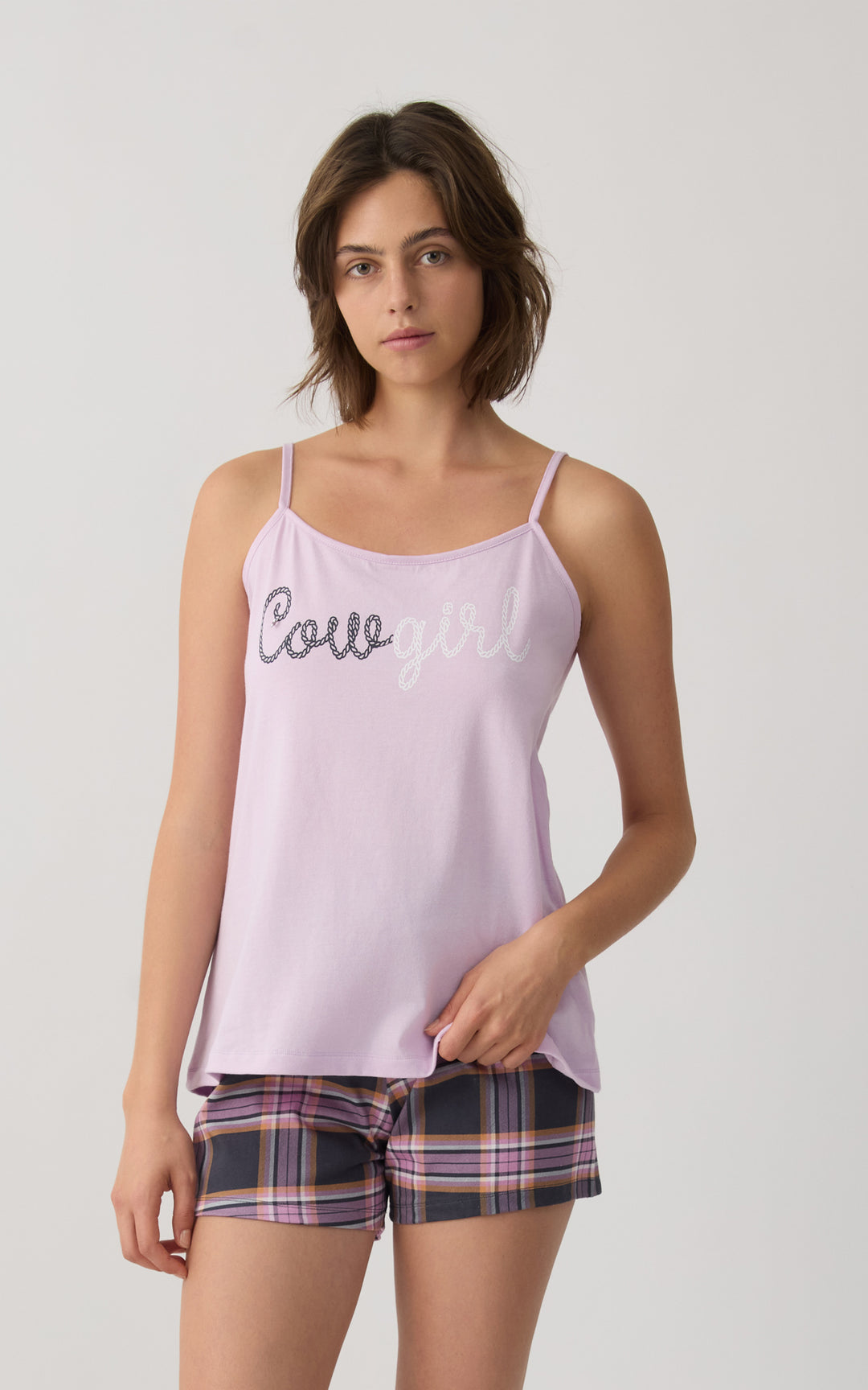 Γυναικεία Πιτζάμα Βαμβακερή Με Αμάνικη Λιλά Μπλούζα & Καρό Σορτς Minerva