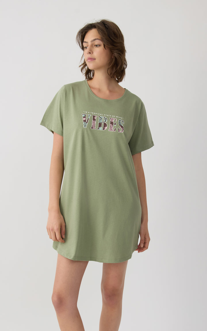 Γυναικείο Νυχτικό σε στυλ T-Shirt Βαμβακερό Κοντομάνικο Χακί με Στάμπα 'Vibes' Minerva