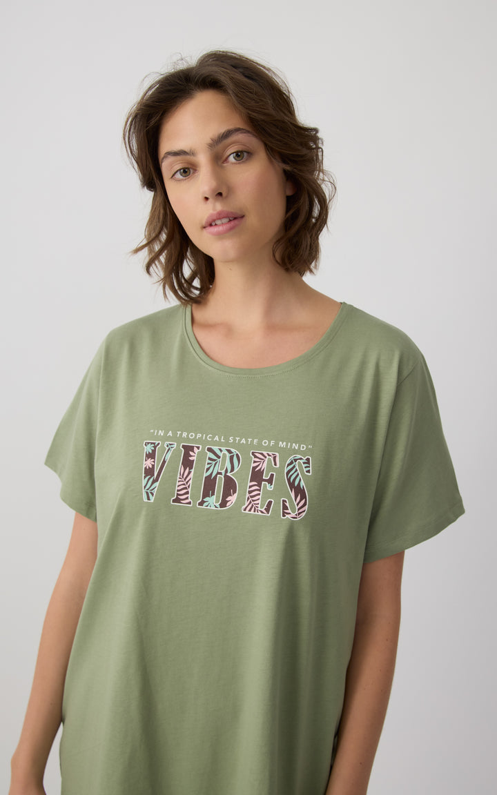 Γυναικείο Νυχτικό σε στυλ T-Shirt Βαμβακερό Κοντομάνικο Χακί με Στάμπα 'Vibes' Minerva