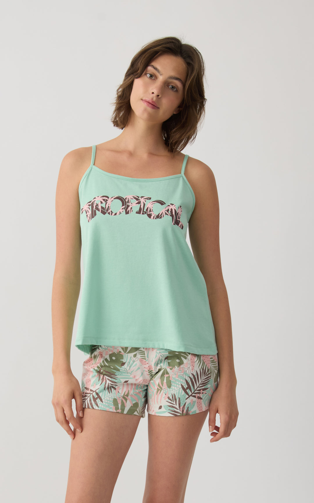 Γυναικεία Πιτζάμα Βαμβακερή Με Αμάνικη Μπλούζα Μέντα & Σορτς με Tropical Σχέδιο Minerva