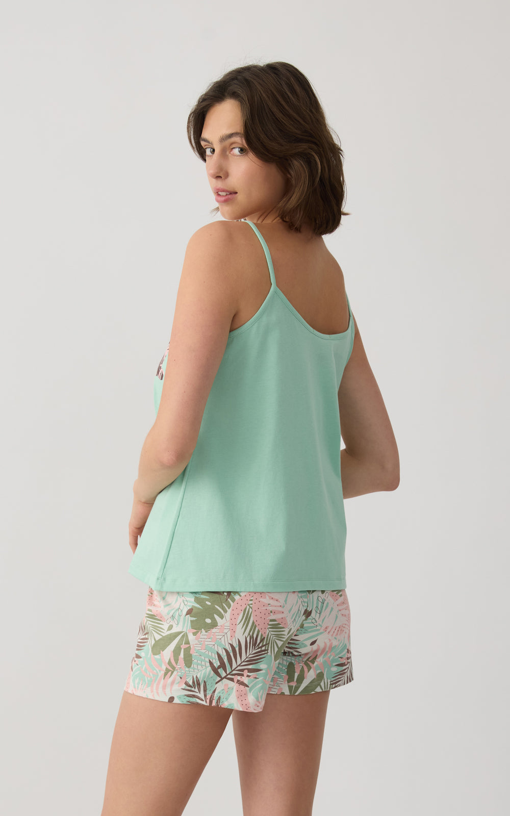 Γυναικεία Πιτζάμα Βαμβακερή Με Αμάνικη Μπλούζα Μέντα & Σορτς με Tropical Σχέδιο Minerva