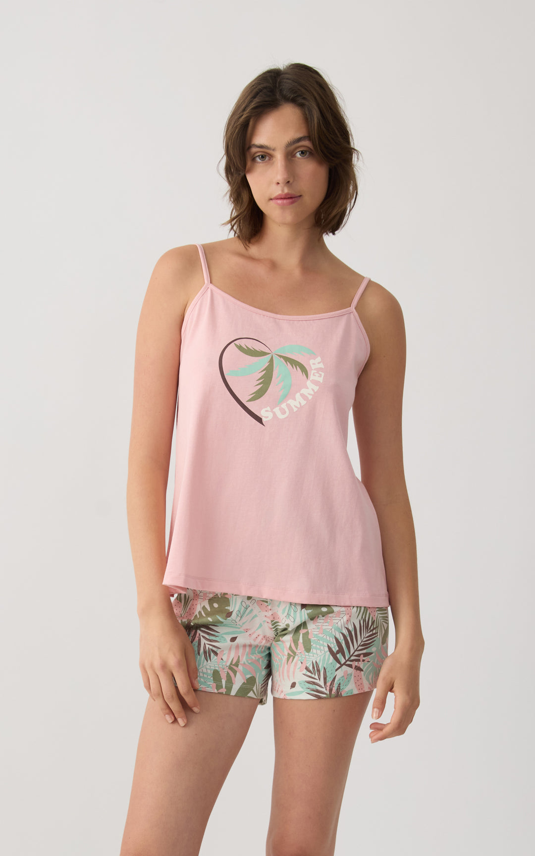 Γυναικεία Πιτζάμα Βαμβακερή Με Αμάνικη Μπλούζα Ροζ & Σορτς με Tropical Σχέδιο Minerva