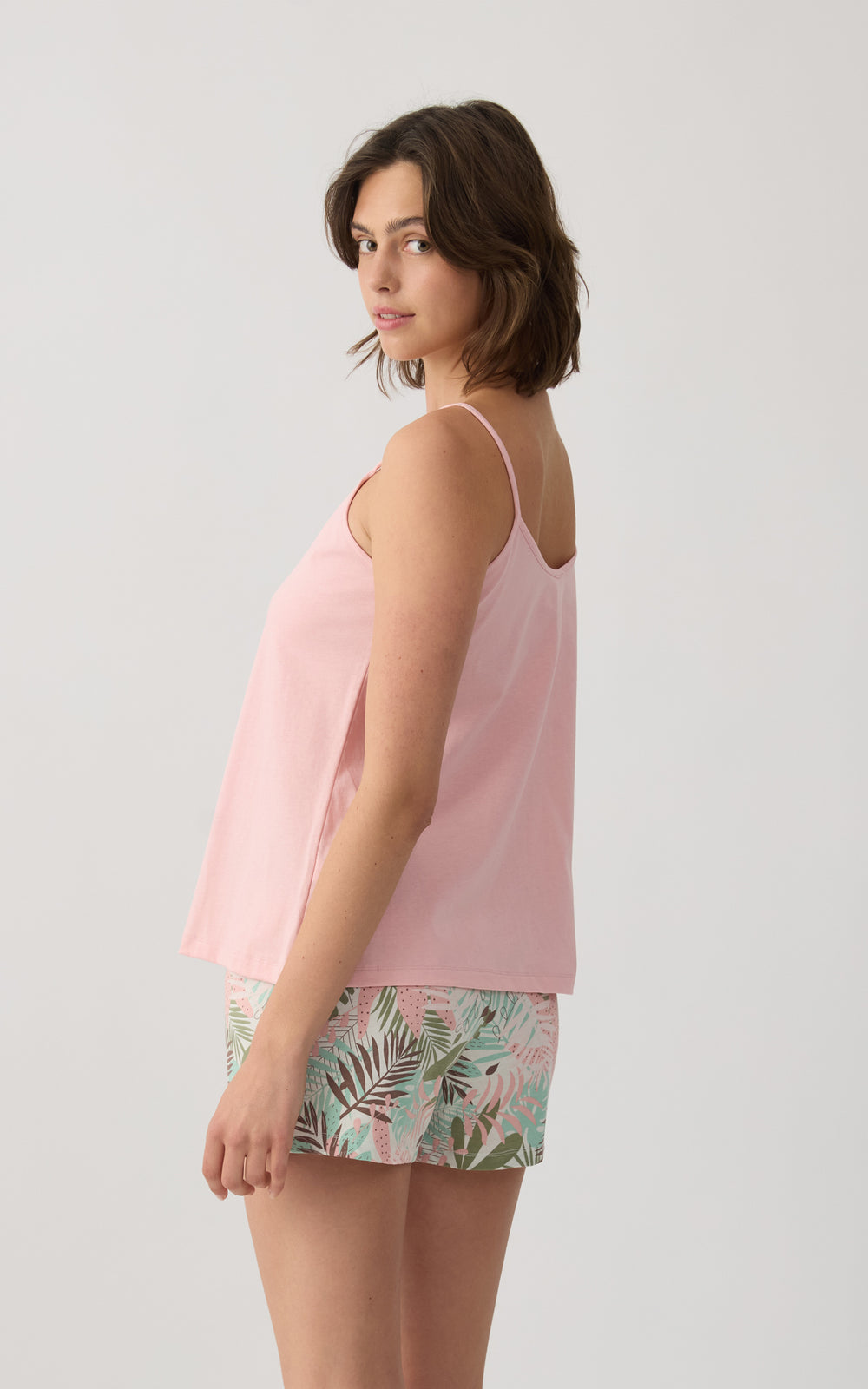 Γυναικεία Πιτζάμα Βαμβακερή Με Αμάνικη Μπλούζα Ροζ & Σορτς με Tropical Σχέδιο Minerva