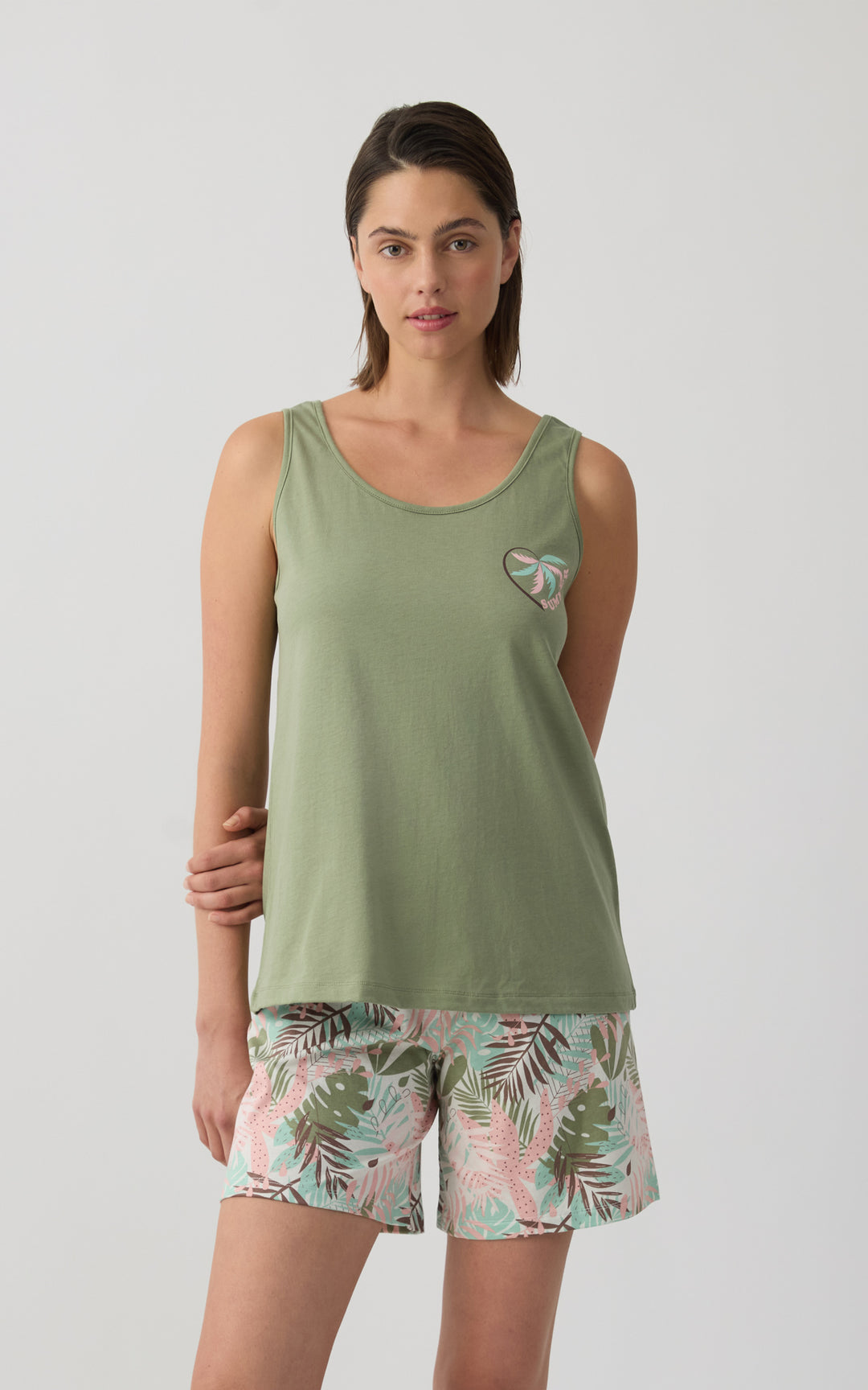 Γυναικεία Πιτζάμα Βαμβακερή Αμάνικη Με Χακί Μπλούζα & Σορτς Με Tropical Σχέδιο Minerva