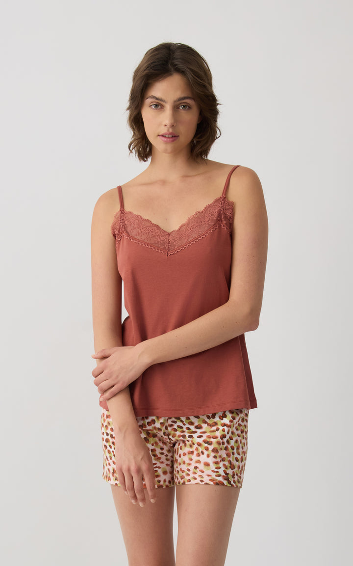 Γυναικεία Πιτζάμα Βαμβακερή Με Αμάνικη Κεραμιδί Μπλούζα με Δαντέλα & Πουά Σορτς Minerva