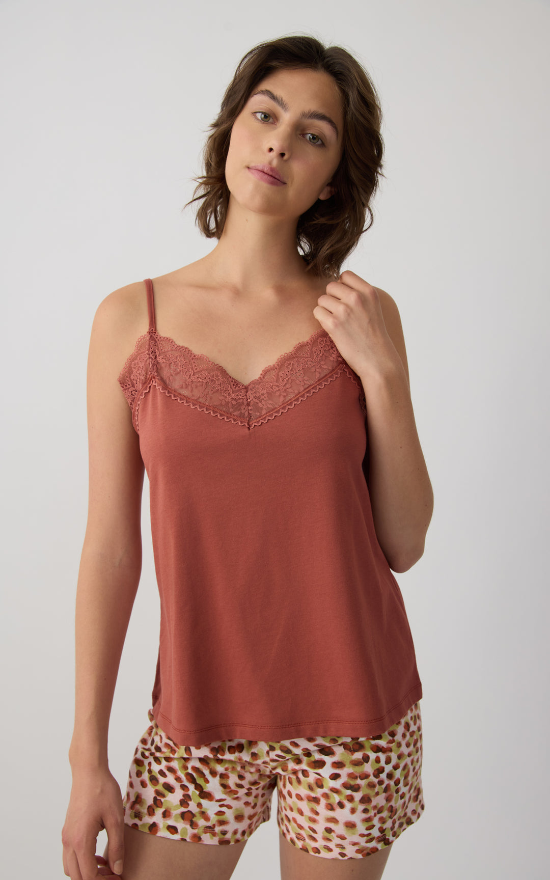 Γυναικεία Πιτζάμα Βαμβακερή Με Αμάνικη Κεραμιδί Μπλούζα με Δαντέλα & Πουά Σορτς Minerva