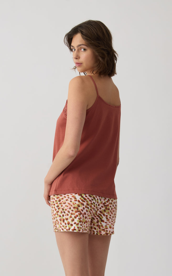 Γυναικεία Πιτζάμα Βαμβακερή Με Αμάνικη Κεραμιδί Μπλούζα με Δαντέλα & Πουά Σορτς Minerva