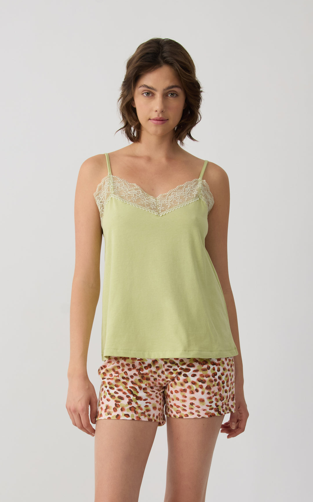 Γυναικεία Πιτζάμα Βαμβακερή Με Αμάνικη Λαχανί Μπλούζα με Δαντέλα & Πουά Σορτς Minerva