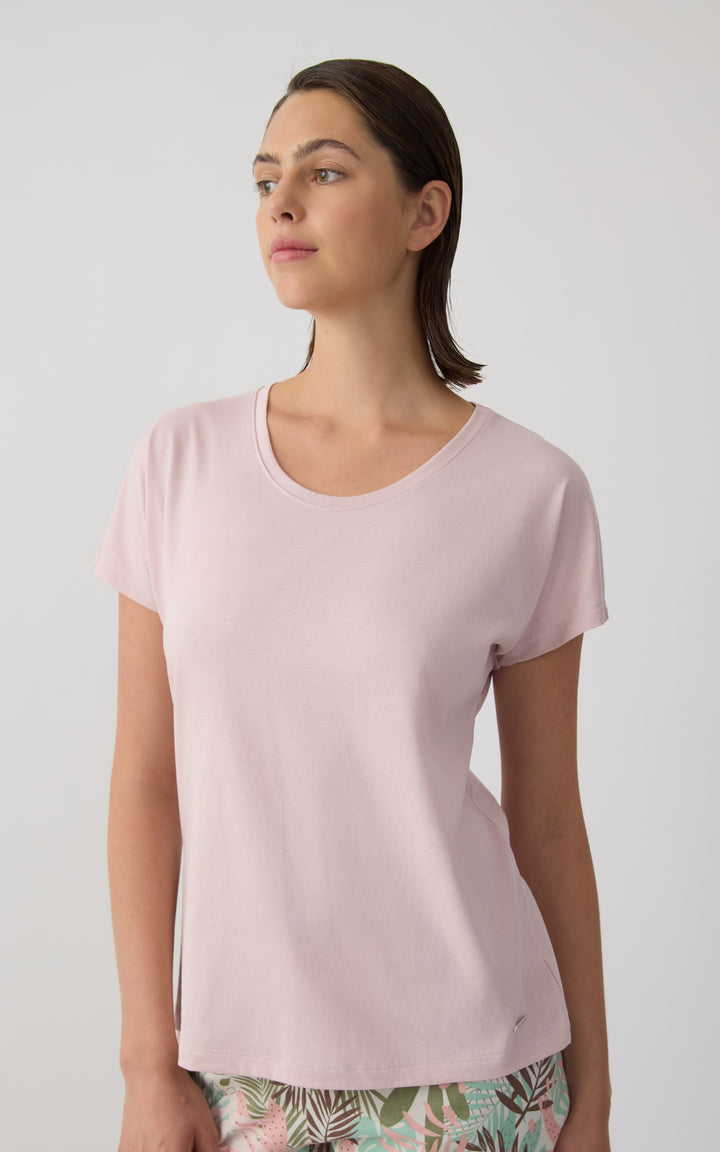 Γυναικεία Μπλούζα Βαμβακερή Κοντομάνικη Ροζ Με Στρογγυλή Λαιμόκοψη Minerva