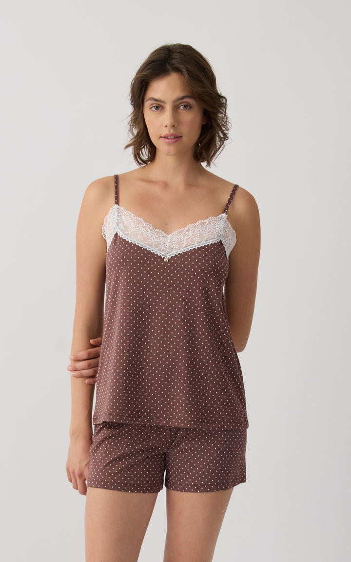 Γυναικεία Πιτζάμα Αμάνικη Με Σορτς Καφέ με Λεπτομέρεια Δαντέλας στη Λαιμόκοψη Minerva