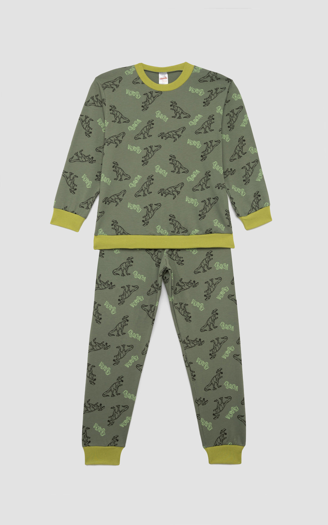 Παιδική πιτζάμα για αγόρι σε χακί χρώμα με all-over σχέδιο δεινόσαυρου και λέξεις “RAWR”, σε απόλυτα συμμετρική διάταξη επάνω σε ανοιχτό γκρι φόντο.