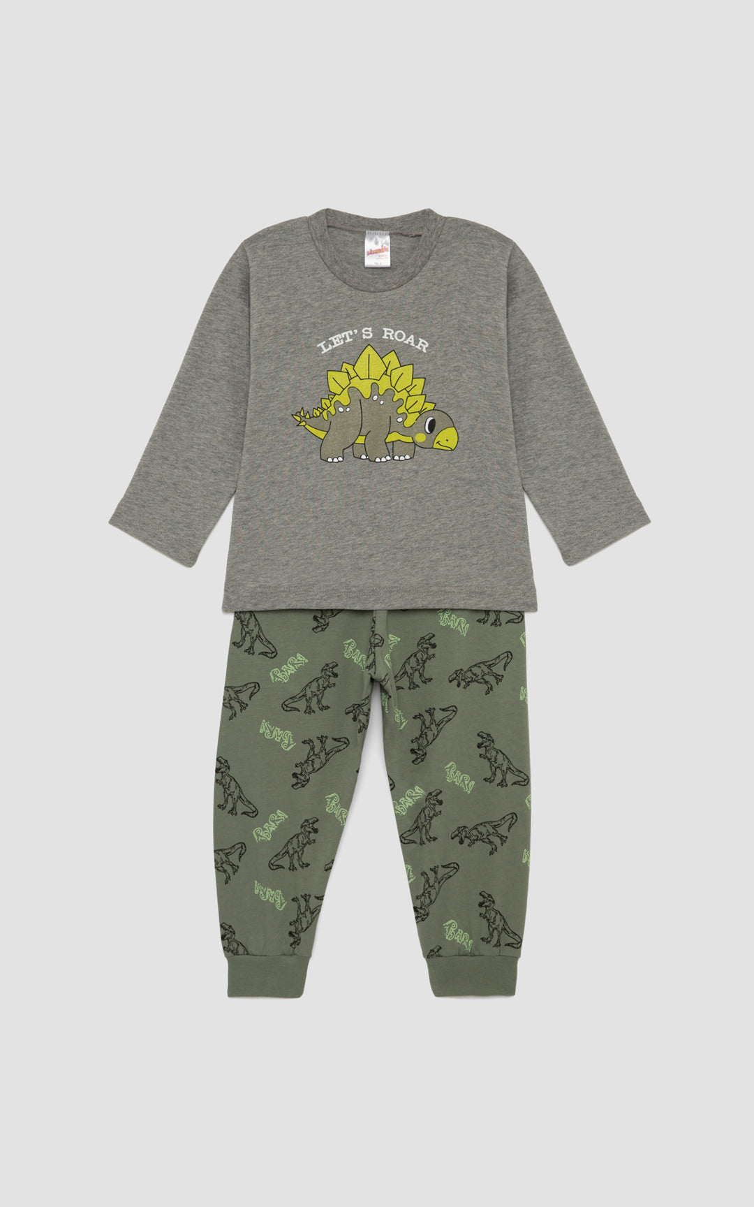 Γκρι παιδική πιτζάμα με σχέδιο δεινόσαυρο στο επάνω μέρος. Το παντελόνι σε λαδί απόχρωση διακοσμείται με επαναλαμβανόμενα σχέδια δεινοσαύρων και την ένδειξη "RAWR". Τοποθετημένη σε απαλό γκρι φόντο.