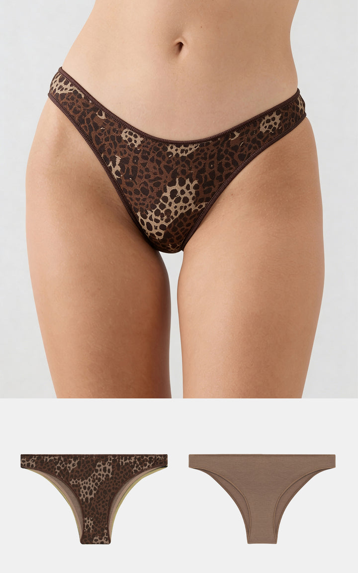 Γυναικείο σλιπ Minerva σε καφέ αποχρώσεις με animal print σχέδιο, παρουσίαση μπροστινής και πίσω όψης.