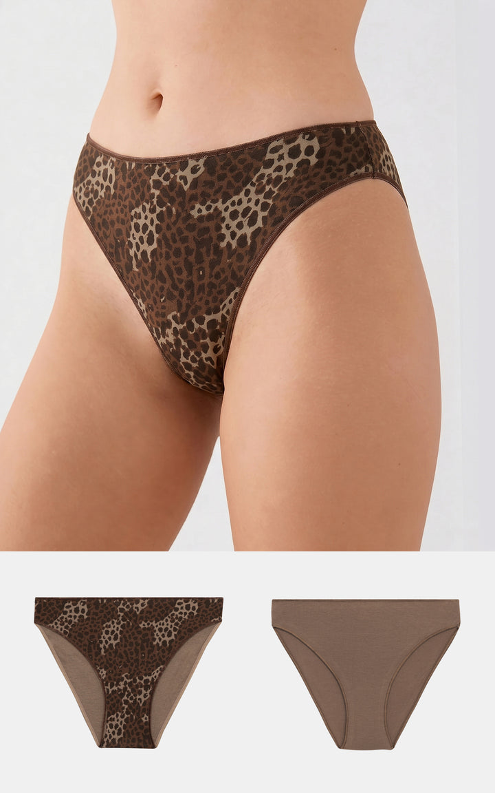 Γυναικείο σλιπ Minerva σε καφέ αποχρώσεις με animal print σχέδιο, παρουσίαση μπροστινής όψης και μονόχρωμης πίσω πλευράς.