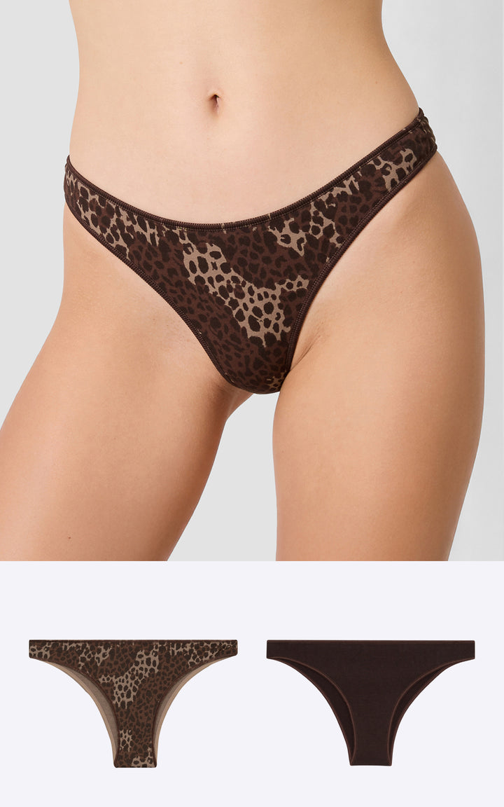 Γυναικείο brazilian σλιπ Minerva σε καφέ απόχρωση με animal print σχέδιο, μπροστινή όψη εφαρμογής και παρουσίαση μονόχρωμης εκδοχής.