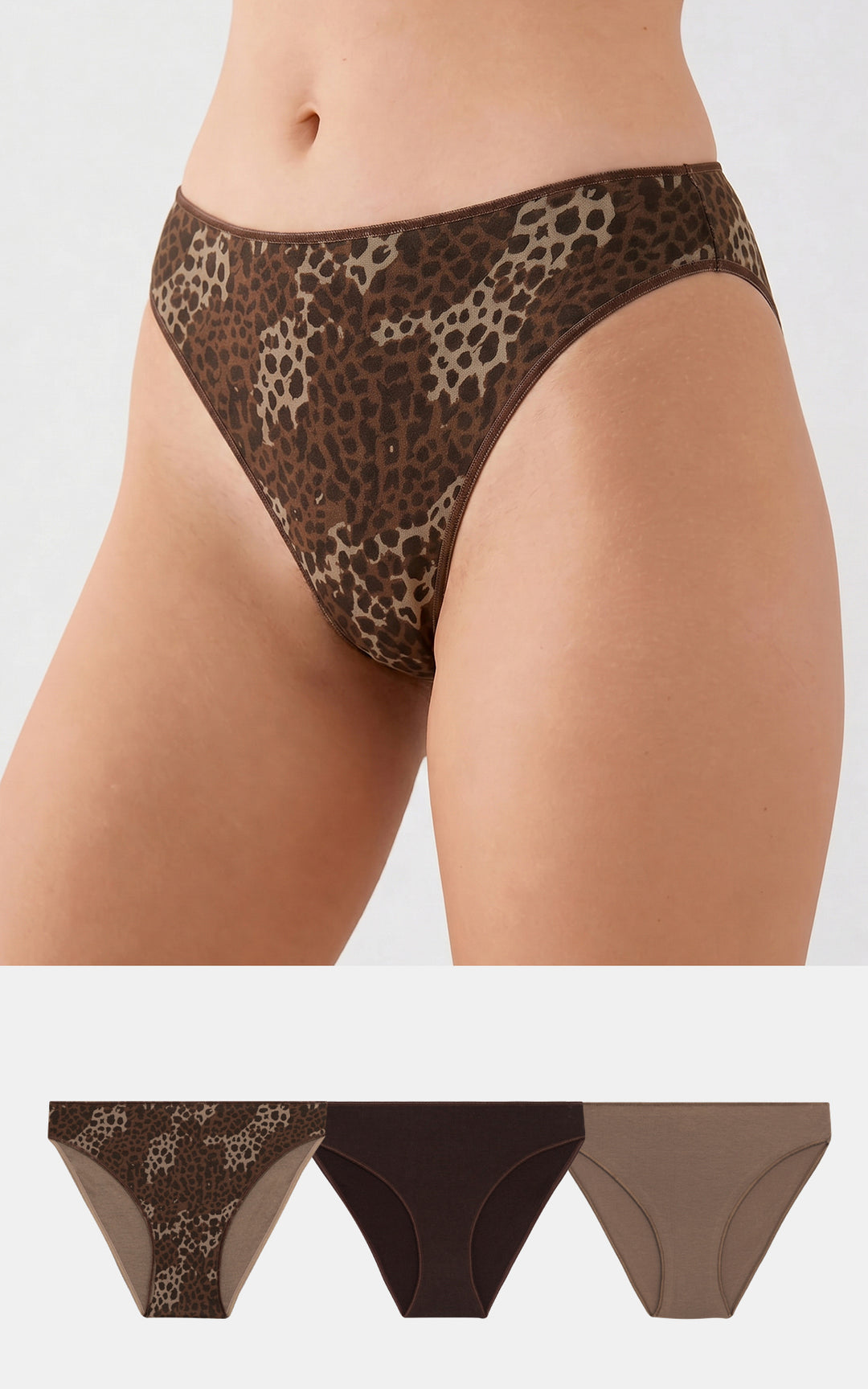Γυναικείο σλιπ Minerva σε καφέ αποχρώσεις με animal print σχέδιο, μπροστινή όψη εφαρμογής και παρουσίαση των τριών σχεδίων.