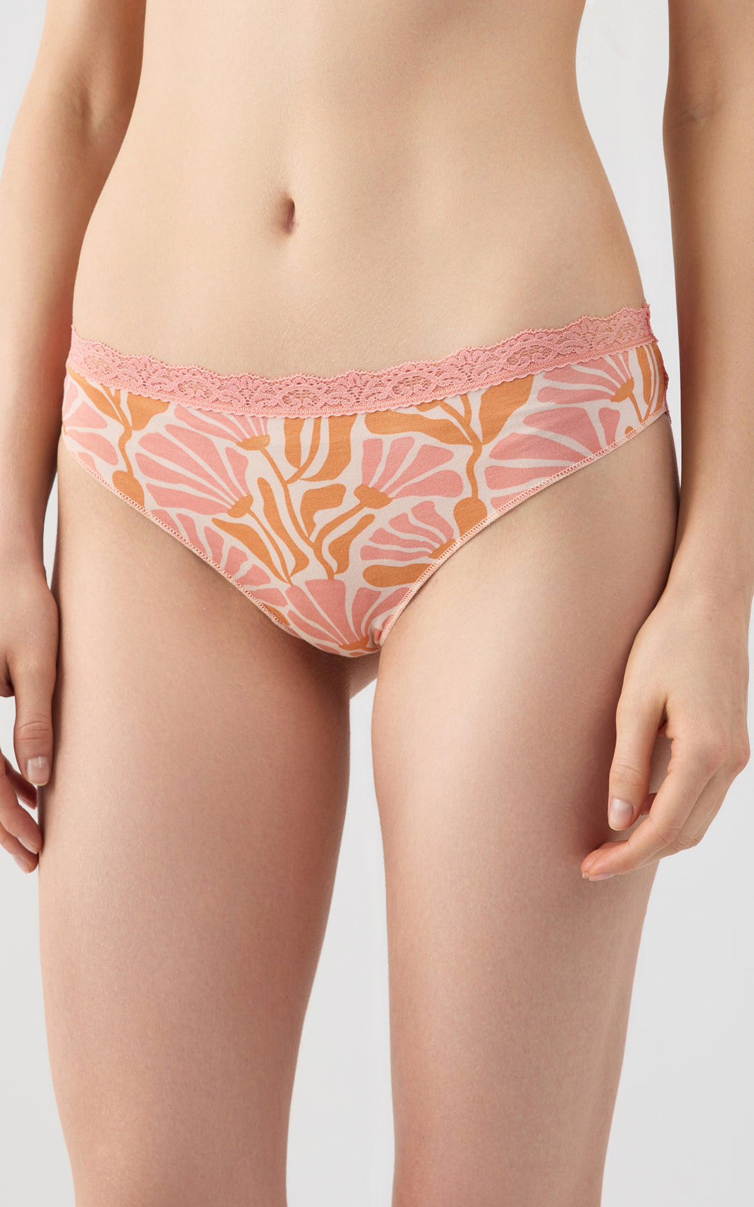 Γυναικείο Σλιπ-Brazil με Δαντέλα Ροζ-Κοραλί Εμπριμέ Μοντάλ Minerva