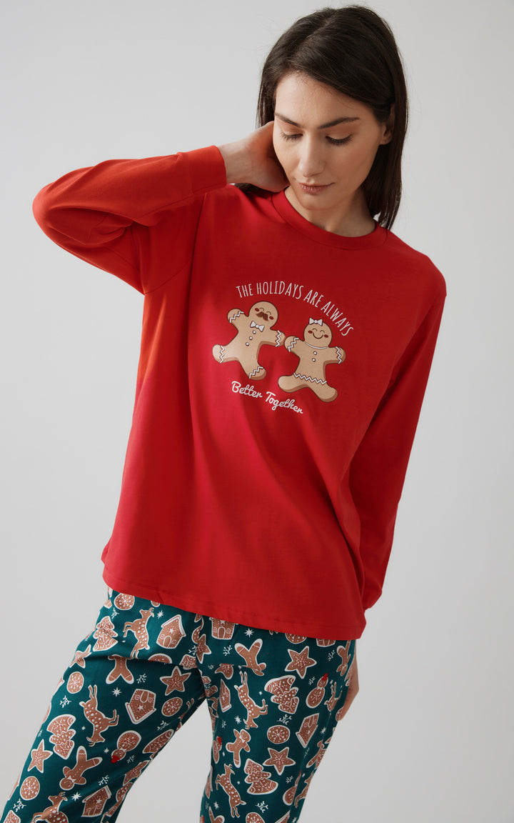 Unisex Χριστουγεννιάτικη Πιτζάμα Κόκκινη με Μπισκότα Βαμβακερή Minerva