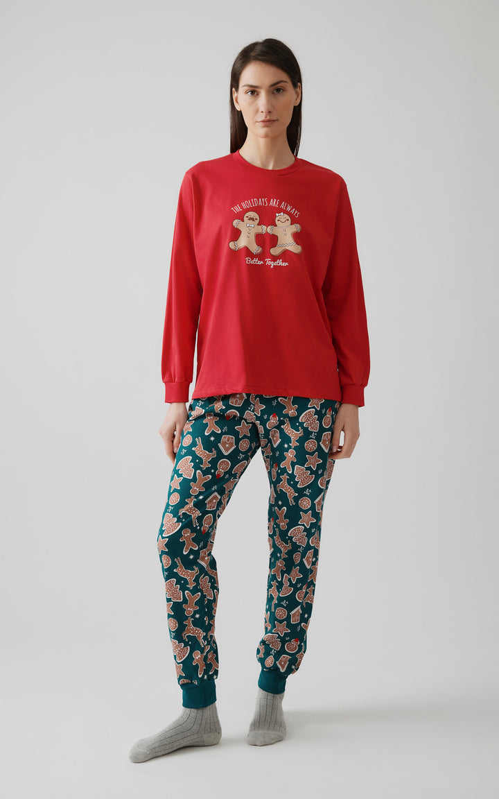 Unisex Χριστουγεννιάτικη Πιτζάμα Κόκκινη με Μπισκότα Βαμβακερή Minerva