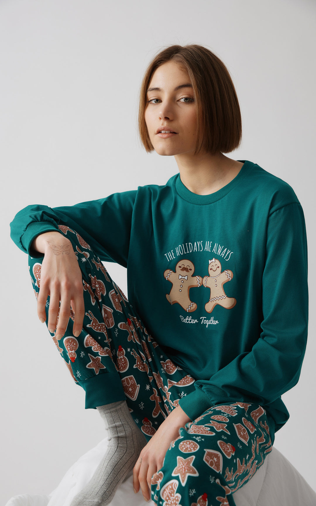 Unisex Χριστουγεννιάτικη Πιτζάμα Πράσινη με Μπισκότα Βαμβακερή Minerva