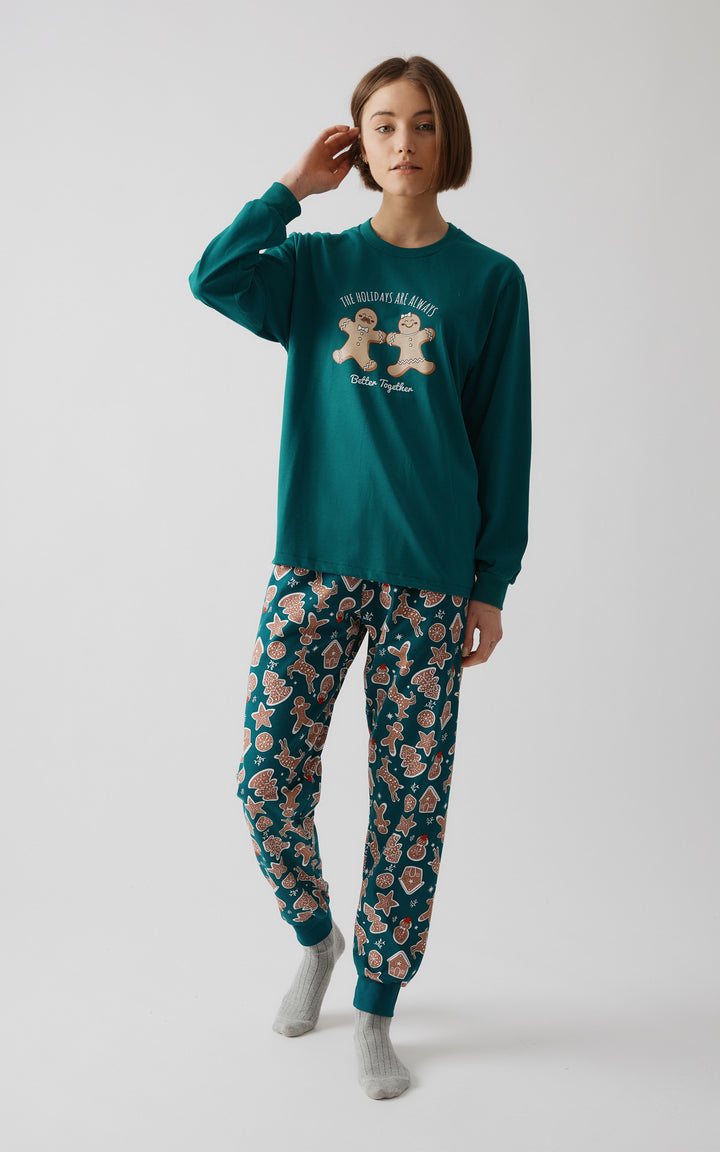 Unisex Χριστουγεννιάτικη Πιτζάμα Πράσινη με Μπισκότα Βαμβακερή Minerva