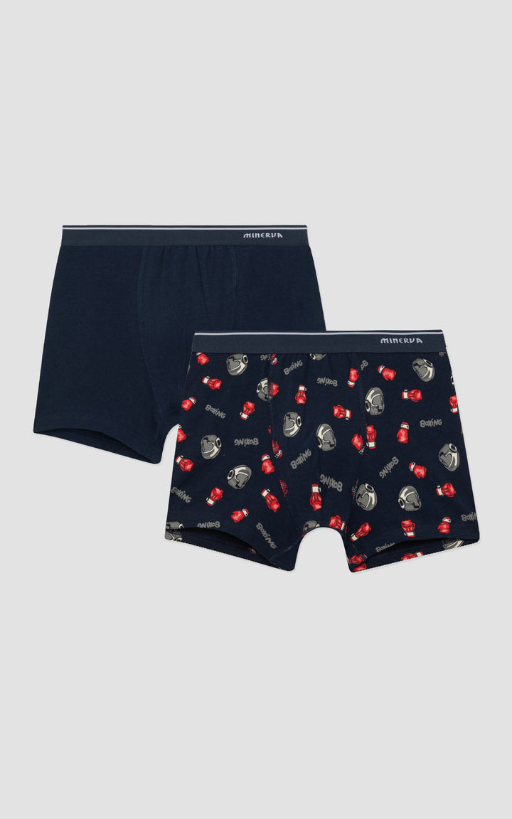 Σετ παιδικών boxer για αγόρι Minerva σε σκούρο μπλε χρώμα με μονόχρωμο σχέδιο και boxing μοτίβα.