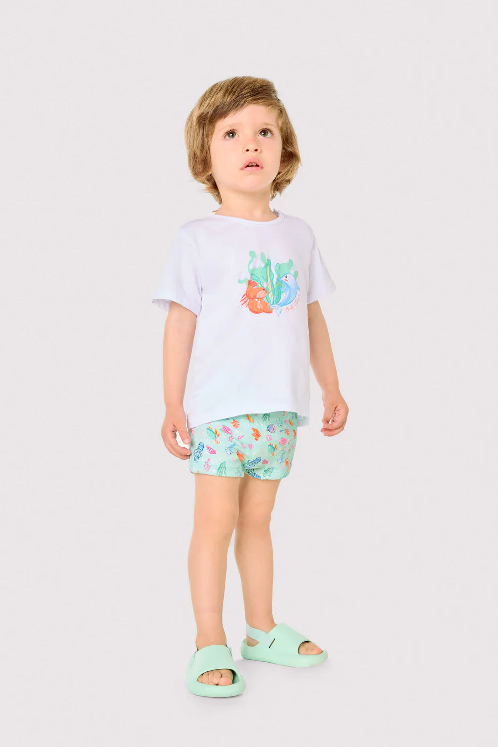 Βρεφικό Σετ Παραλίας Λευκό T-Shirt & Τιρκουάζ Μαγιό-Boxer με Σχέδιο Θαλάσσιος Βυθός Ysabel Mora