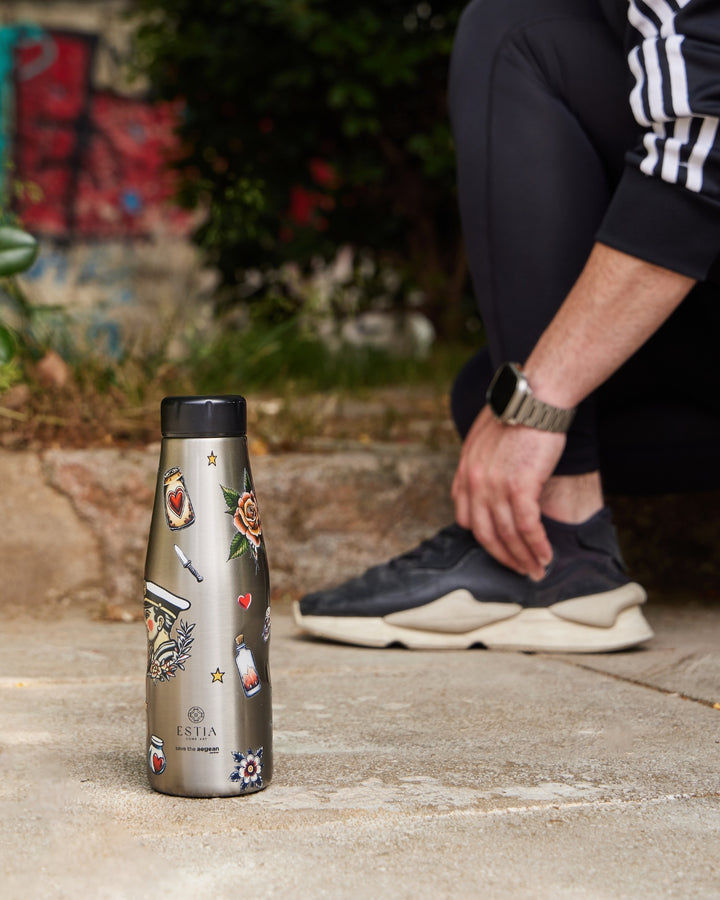 Estia Μπουκάλι Θερμός Save The Aegean 500ml Γκρι Μεταλλικό Old School Ink Travel Flask