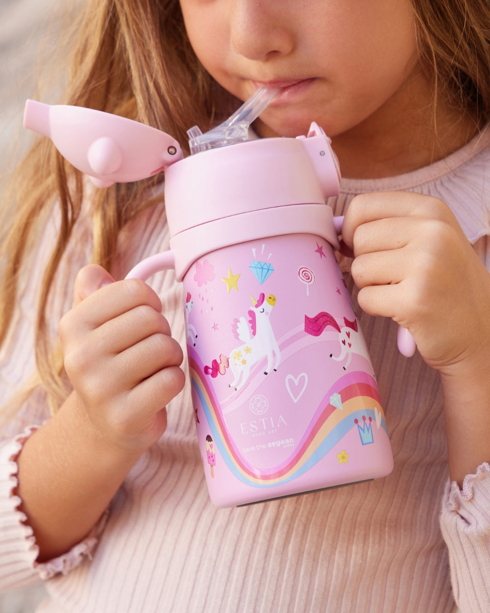 Estia Θερμός Παιδικό Με Λαβές Και Καλαμάκι 300ml Ροζ Με Ουράνιο Τόξο & Unicorns Rainbow Dreams