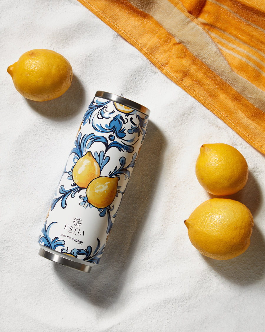 Estia Ποτήρι Θερμός Με Καλαμάκι Save The Aegean 500ml Μπλε-Λευκό-Κίτρινο Με Λεμόνια Amalfi Coast Travel Cup