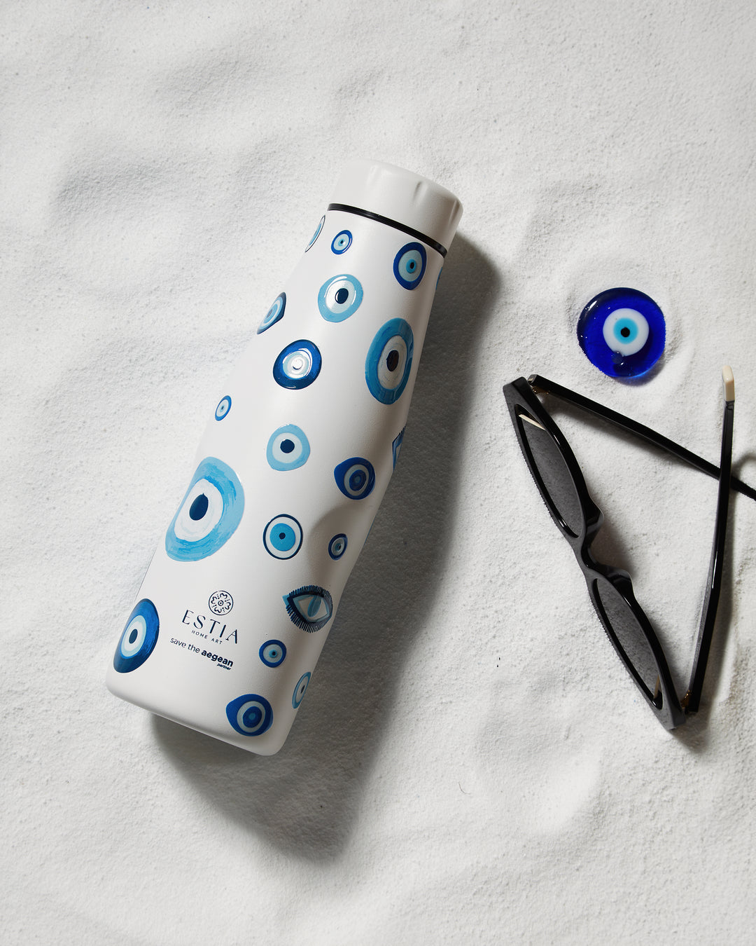 Estia Μπουκάλι Θερμός Save The Aegean 500ml Μπλε-Λευκό Με Σχέδιο Μάτια Spirit of Luck Travel Flask