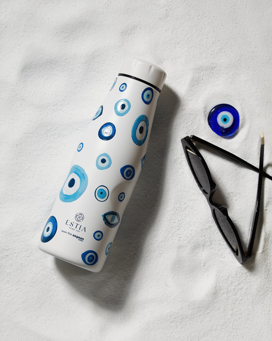 Estia Μπουκάλι Θερμός Save The Aegean 500ml Μπλε-Λευκό Με Σχέδιο Μάτια Spirit of Luck Travel Flask