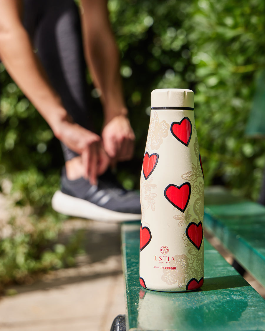 Estia Μπουκάλι Θερμός Save The Aegean 500ml Εκρού-Κόκκινο Με Σχέδιο Καρδιές Tender Lace Travel Flask