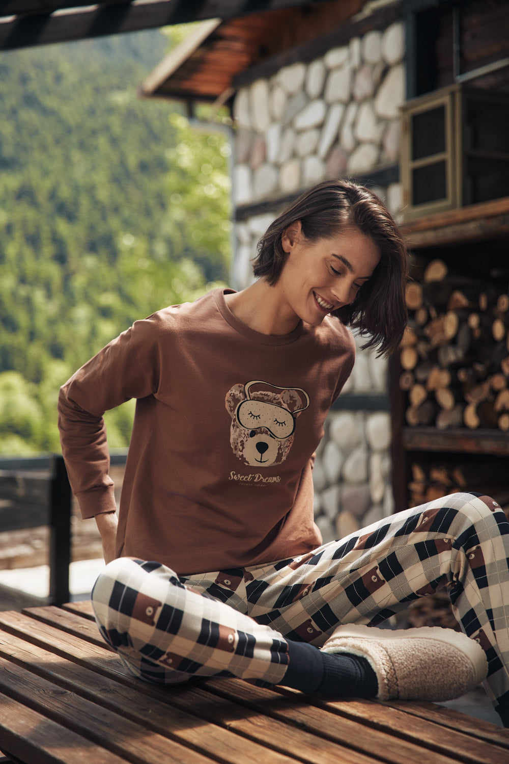 Γυναικεία Πιτζάμα Καφέ-Ταμπά με Καρό Παντελόνι Βαμβακερή Minerva Bear Sweat