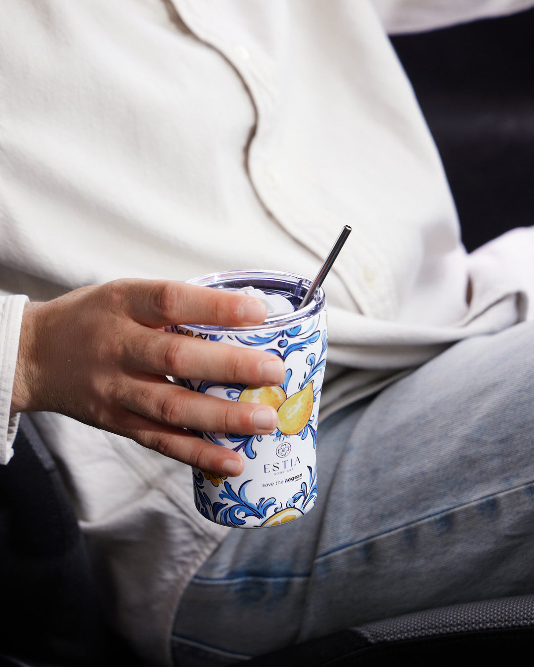Estia Ποτήρι Θερμός Save The Aegean 350ml Μπλε-Λευκό-Κίτρινο Με Λεμόνια Amalfi Coast Coffee Mug