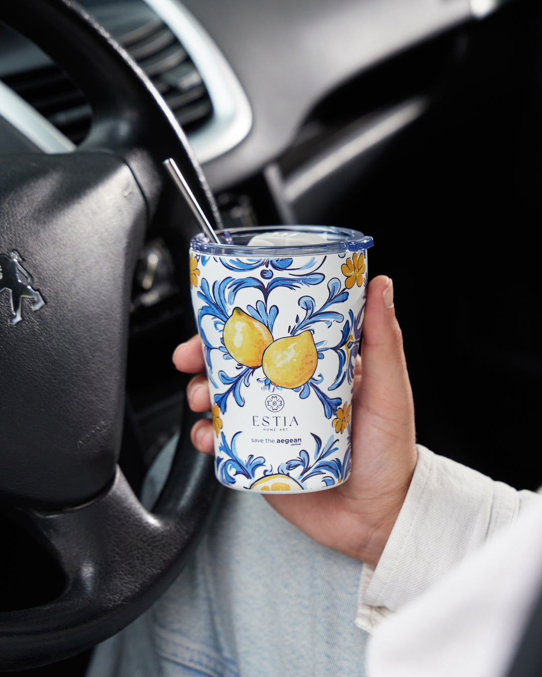 Estia Ποτήρι Θερμός Save The Aegean 350ml Μπλε-Λευκό-Κίτρινο Με Λεμόνια Amalfi Coast Coffee Mug